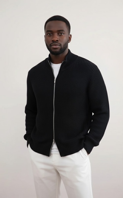 Men’s Full-Zip Knit Sweater – Premium Ribbed Cotton Jacket