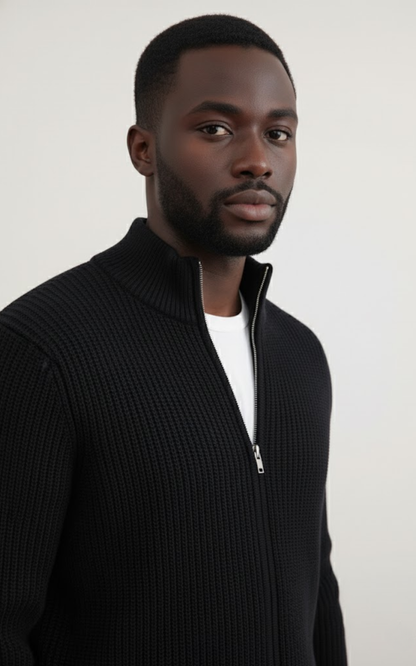 Men’s Full-Zip Knit Sweater – Premium Ribbed Cotton Jacket